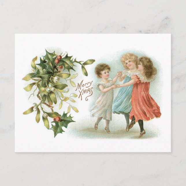Old-fashioned Christmas, Dancing girls Holiday Postcard (Front)