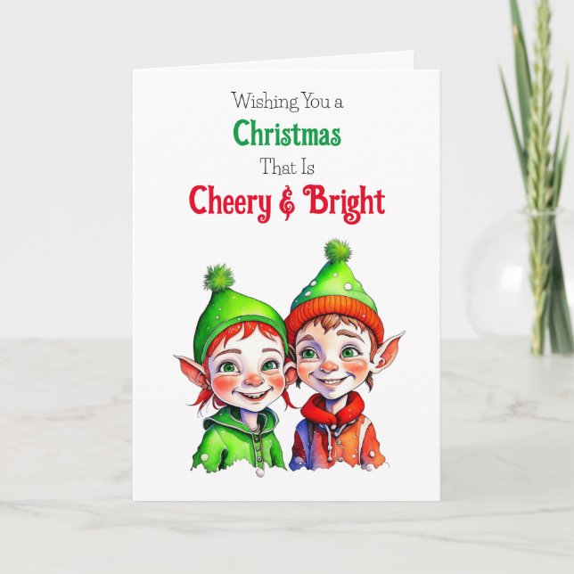Old-Fashioned Christmas Elf Cheery and Bright Holiday Card (Front)