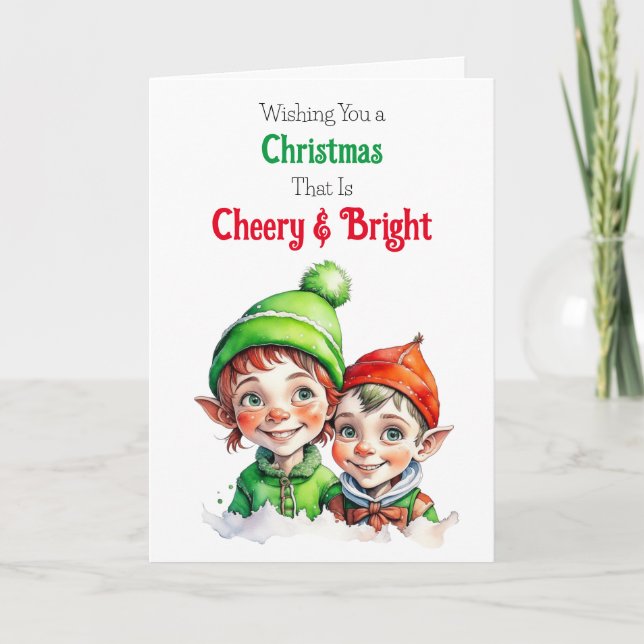 Old-Fashioned Christmas Elves Cheery and Bright Holiday Card (Front)