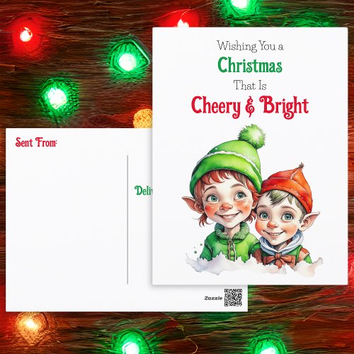 Old_Fashioned Christmas Elves Cheery and Bright Holiday Postcard