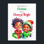 Old-Fashioned Christmas Elves Cheery and Bright Holiday Postcard<br><div class="desc">A pretty Christmas postcard with a cute little girl and boy elves of color in green and red  with snowflakes Retro feeling old-fashioned Christmas.</div>