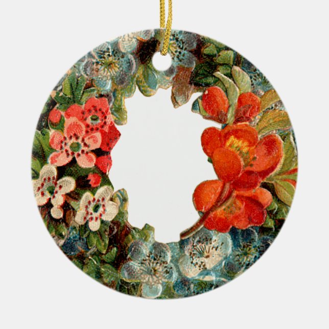 Old-fashioned Christmas, Flower wreath Ceramic Ornament (Front)