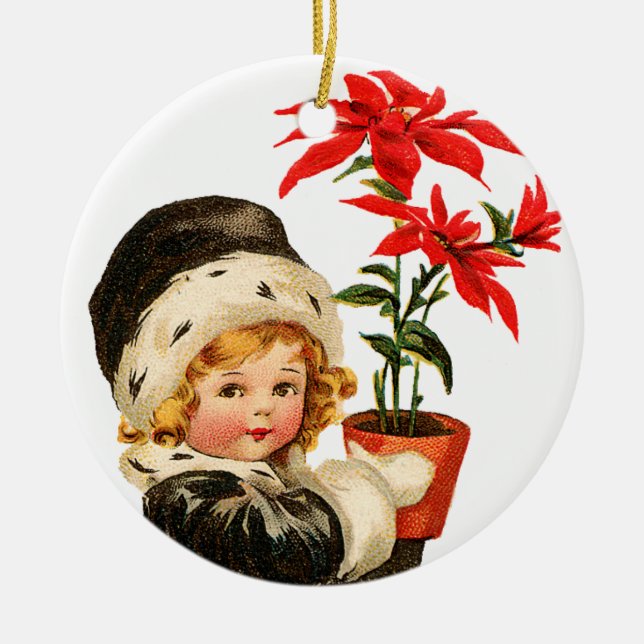 Old-fashioned Christmas, Girl holding Poinsettia Ceramic Ornament (Front)