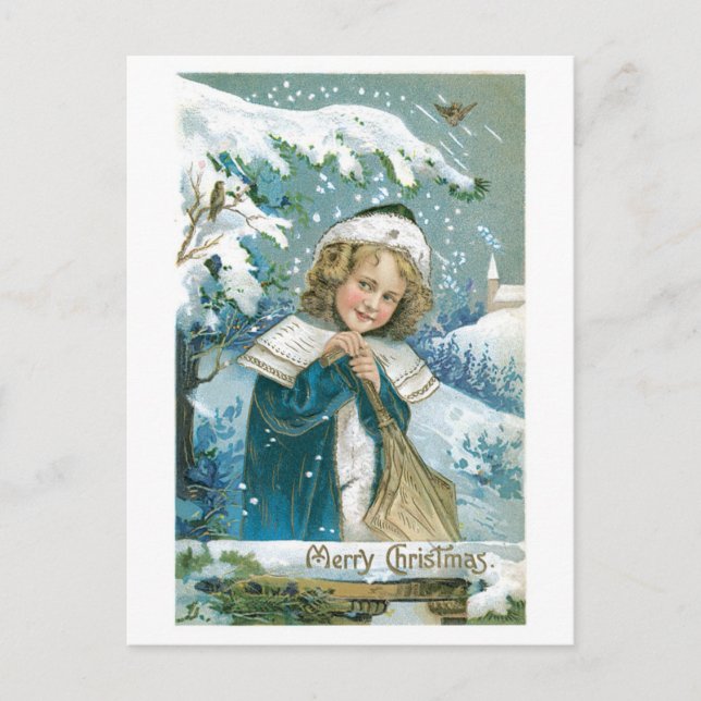 Old-fashioned Christmas, Girl Holiday Postcard (Front)