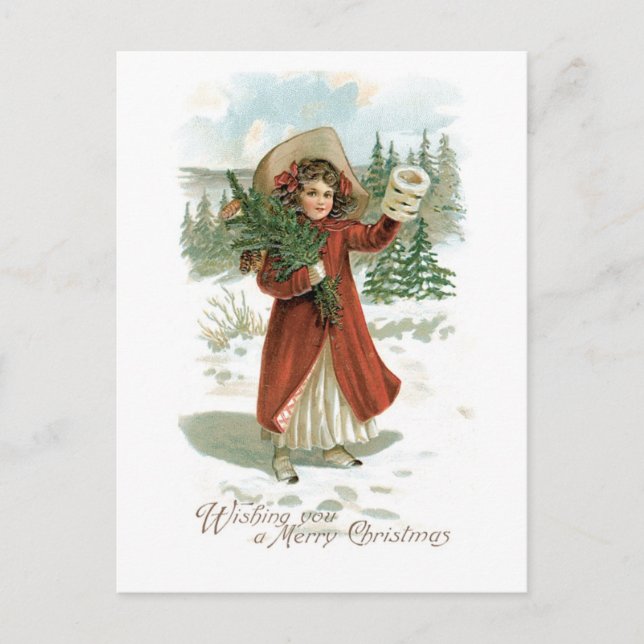 Old-fashioned Christmas, Girl Holiday Postcard (Front)