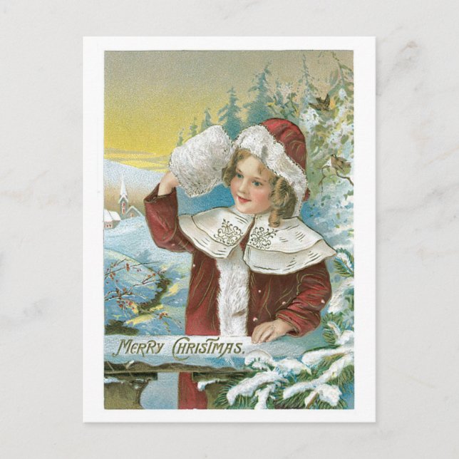 Old-fashioned Christmas, Girl Holiday Postcard (Front)