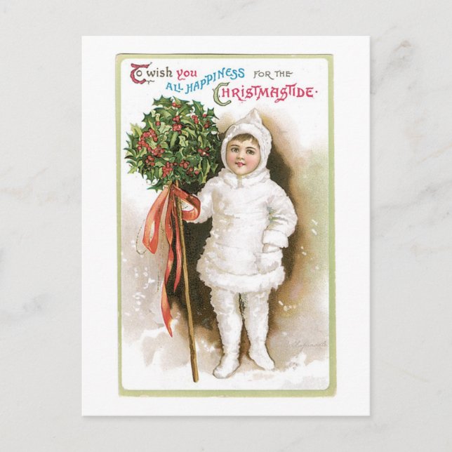Old-fashioned Christmas, Girl Holiday Postcard (Front)