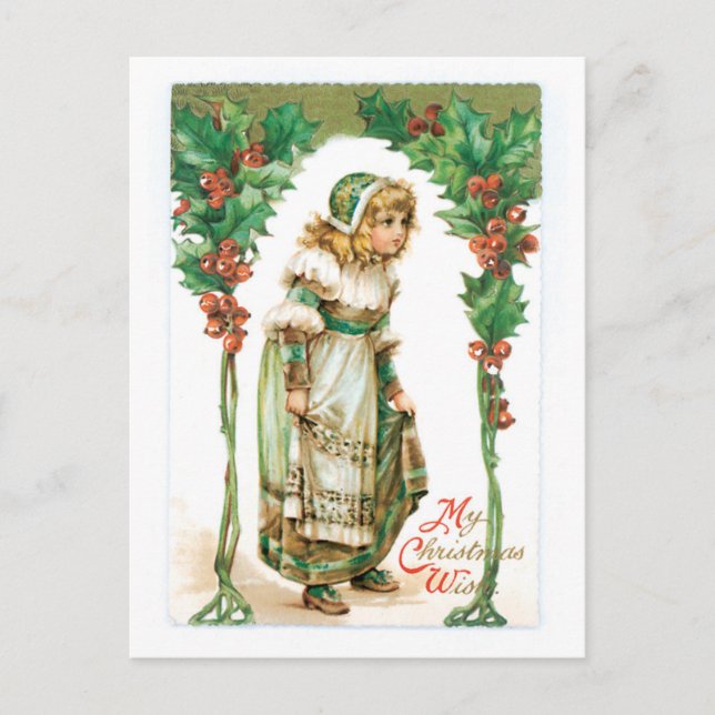 Old-fashioned Christmas, Girl, Holly Holiday Postcard (Front)