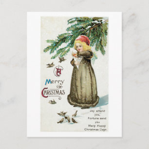 Old-fashioned Christmas, Girl with Birds Holiday Postcard