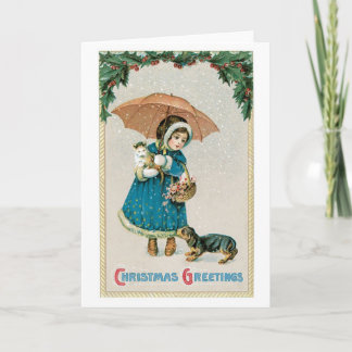 Old-fashioned Christmas, Girl with Cat and Dog Holiday Card