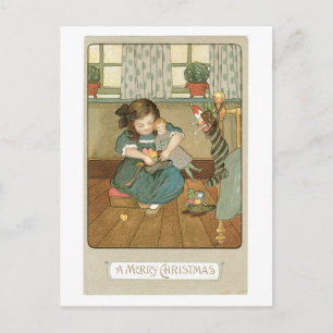 Old-fashioned Christmas, Girl with Dolls Holiday Postcard