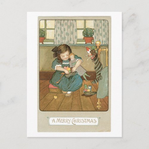Old_fashioned Christmas Girl with Dolls Holiday Postcard