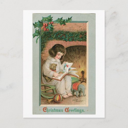 Old_fashioned Christmas Girl with Teddy bear Holiday Postcard
