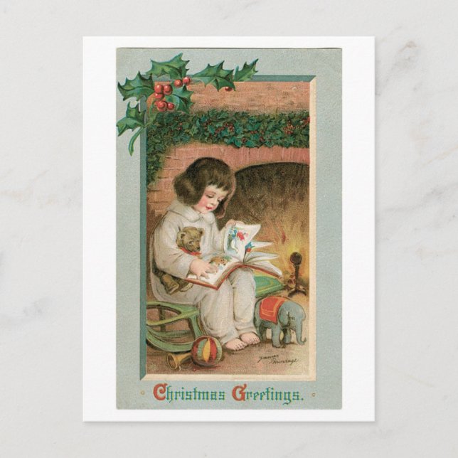 Old-fashioned Christmas, Girl with Teddy bear Holiday Postcard (Front)