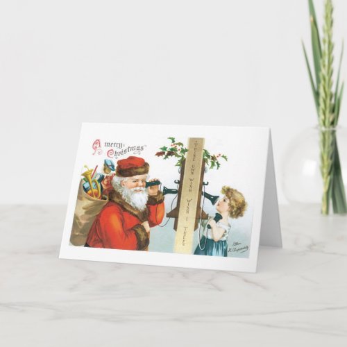 Old_fashioned Christmas Girls call Santa Holiday Card