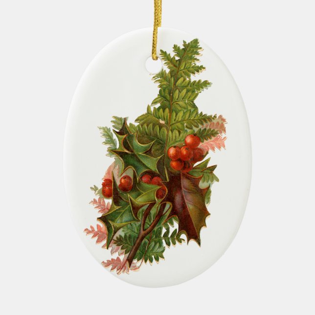 Old-fashioned Christmas, Holly Ceramic Ornament (Front)