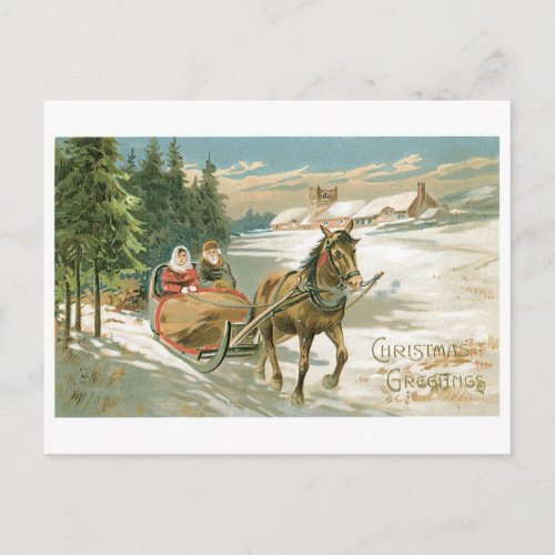 Old_fashioned Christmas Horse sled Holiday Postcard