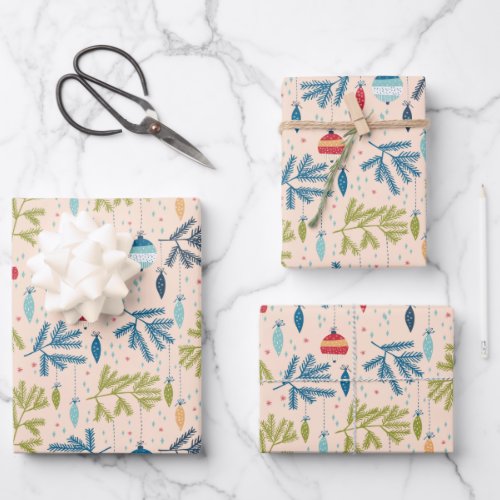 Old Fashioned Christmas Ornaments Hanging on Trees Wrapping Paper Sheets