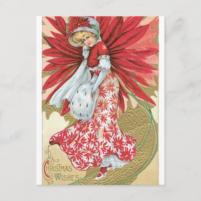 Old Fashioned Christmas Poinsettia Lady Holiday Postcard (Front)