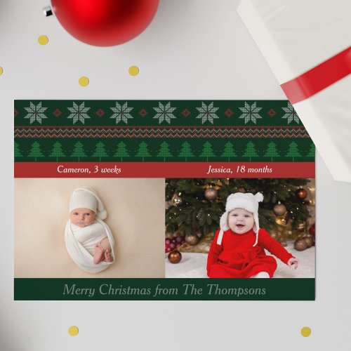Old Fashioned Christmas Red Green 2 Kids Photo Holiday Card