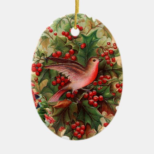 Old_fashioned Christmas Robin Holly Ceramic Ornament