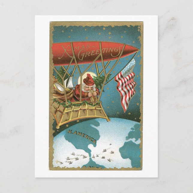 Old-fashioned Christmas, Santa get on an Airship Holiday Postcard (Front)