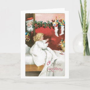 Old-fashioned Christmas, Santa & Girl Holiday Card