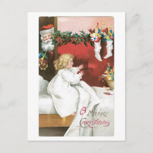 Old-fashioned Christmas, Santa & Girl Holiday Postcard