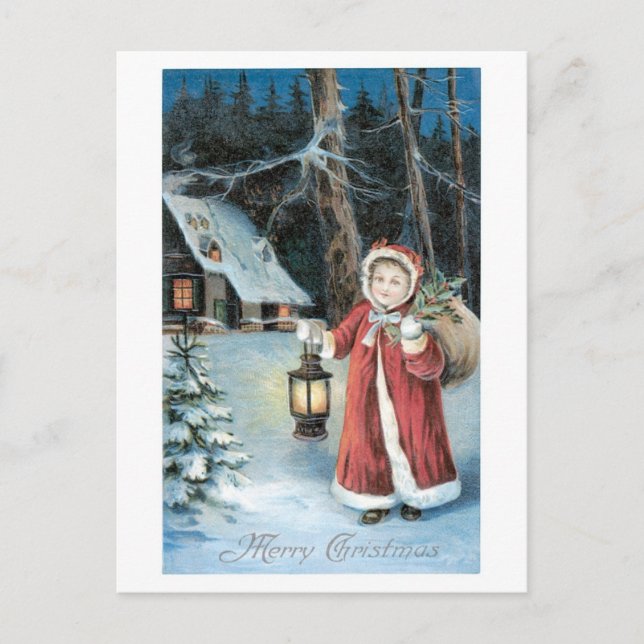 Old-fashioned Christmas, Santa girl Holiday Postcard (Front)