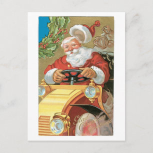 Old-fashioned Christmas, Santa riding vintage car Holiday Postcard