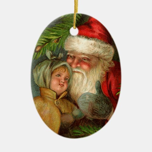 Old_fashioned Christmas Santa with Child Ceramic Ornament