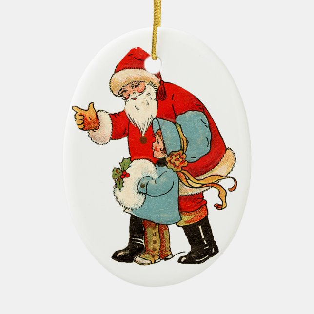Old-fashioned Christmas, Santa with Girl Ceramic Ornament (Front)