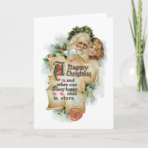 Old-fashioned Christmas, Santa with Girl Holiday Card