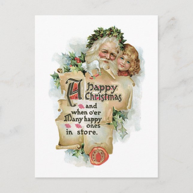 Old-fashioned Christmas, Santa with Girl Holiday Postcard (Front)