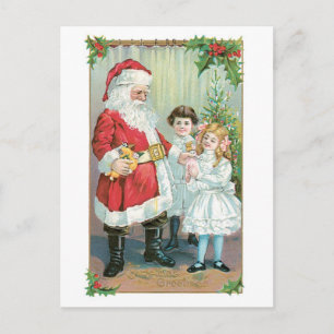Old-fashioned Christmas, Santa with Girls Holiday Postcard