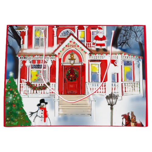 Old Fashioned Christmas Scene Victorian House Snow Large Gift Bag