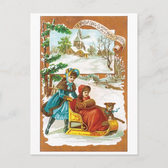 Old-fashioned Christmas, Sled Holiday Postcard (Front)