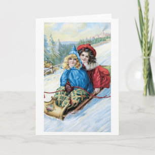 Old-fashioned Christmas, Sledding Holiday Card