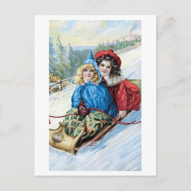 Old-fashioned Christmas, Sledding Holiday Postcard (Front)