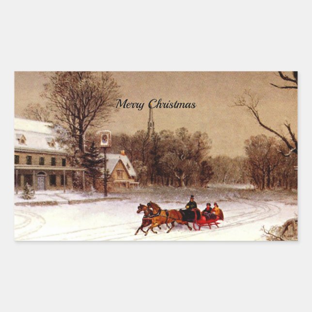 Old-Fashioned Christmas Sleigh Ride, Winter Scene Rectangular Sticker (Front)