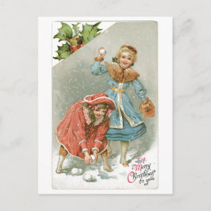 Old-fashioned Christmas, Snowball fight Holiday Postcard