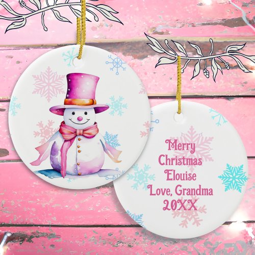 Old_Fashioned Christmas Snowman in Pink  Ceramic Ornament