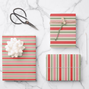 Old Fashioned Christmas Stripe Pattern Pink Red Wrapping Paper Sheets