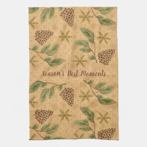 Old Fashioned Christmas Tree Branch Pinecone Kitchen Towel
