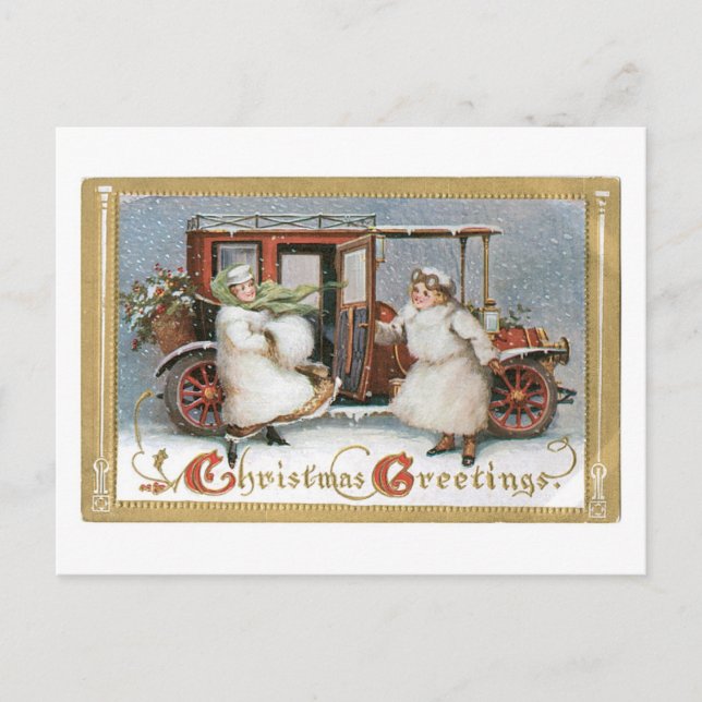 Old-fashioned Christmas, Vintage car Holiday Postcard (Front)