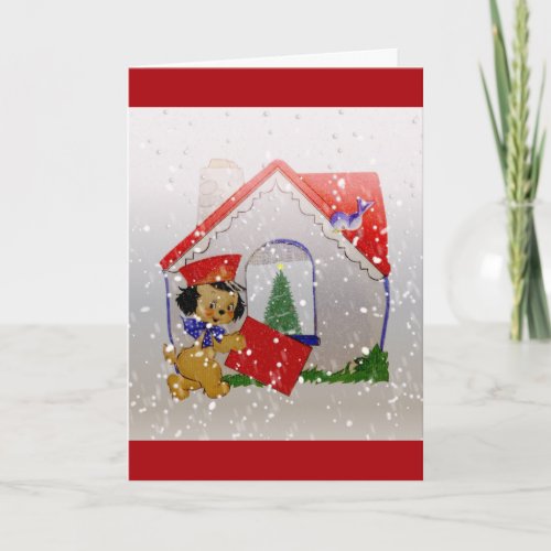 Old Fashioned Christmas  Vintage Puppy Dog Mail Holiday Card