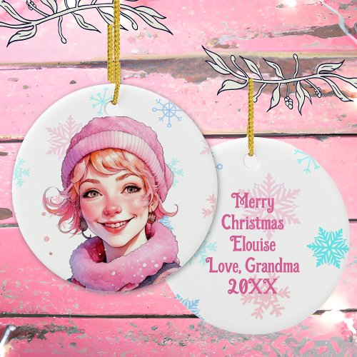 Old_Fashioned Christmas Woman in Pink  Ceramic Ornament