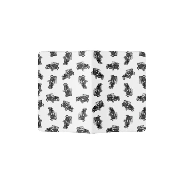 Old Fashioned Classic Cars Pattern Black & White Passport Holder (Opened)