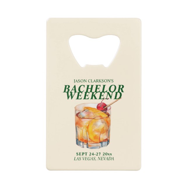 Old Fashioned Cocktail Bachelor Weekend Credit Card Bottle Opener (Front)