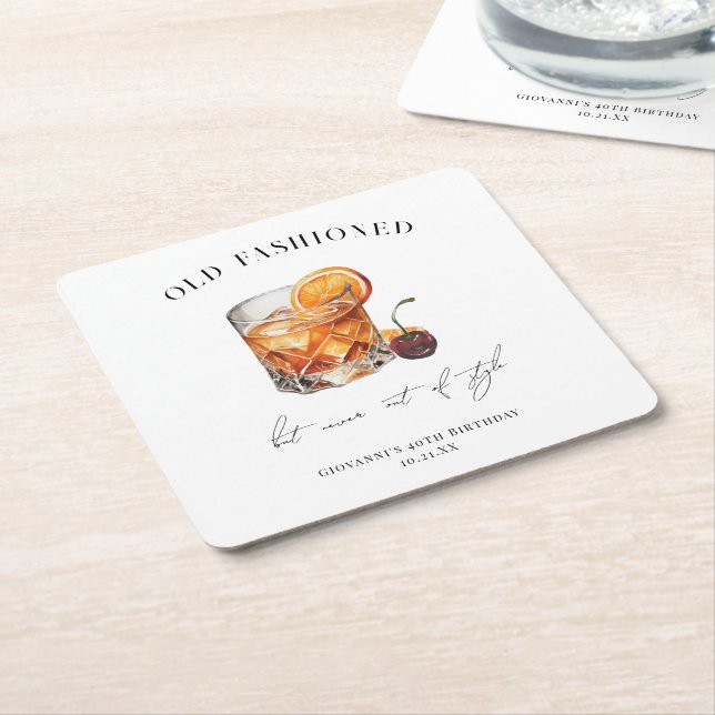"Old Fashioned" Cocktail Birthday Square Paper Coaster (Angled)